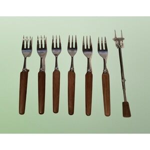 Vintage Set of Stainless Steel & Wood Cocktail Forks Flatware Lot of 7